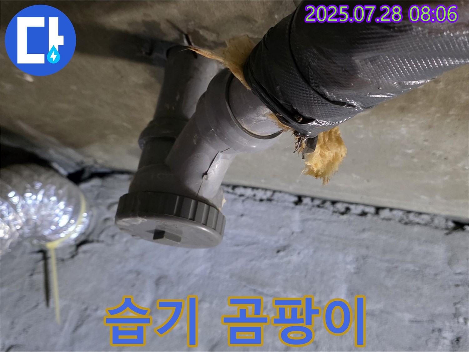화도읍 두산아파트 누수 - 배수관 연결부 습기 찬 보온재에서 곰팡이가 발생했습니다.