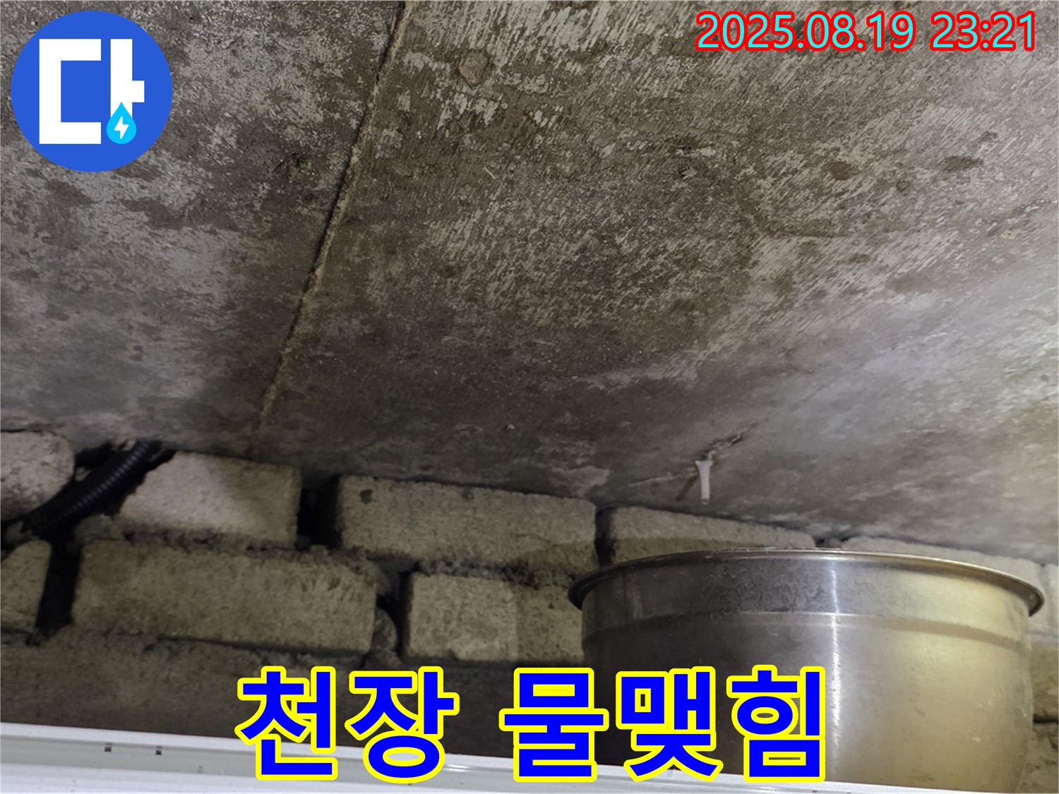 천장 물맺힘 - 천장에 물방울이 맺혀 떨어지기 직전의 모습