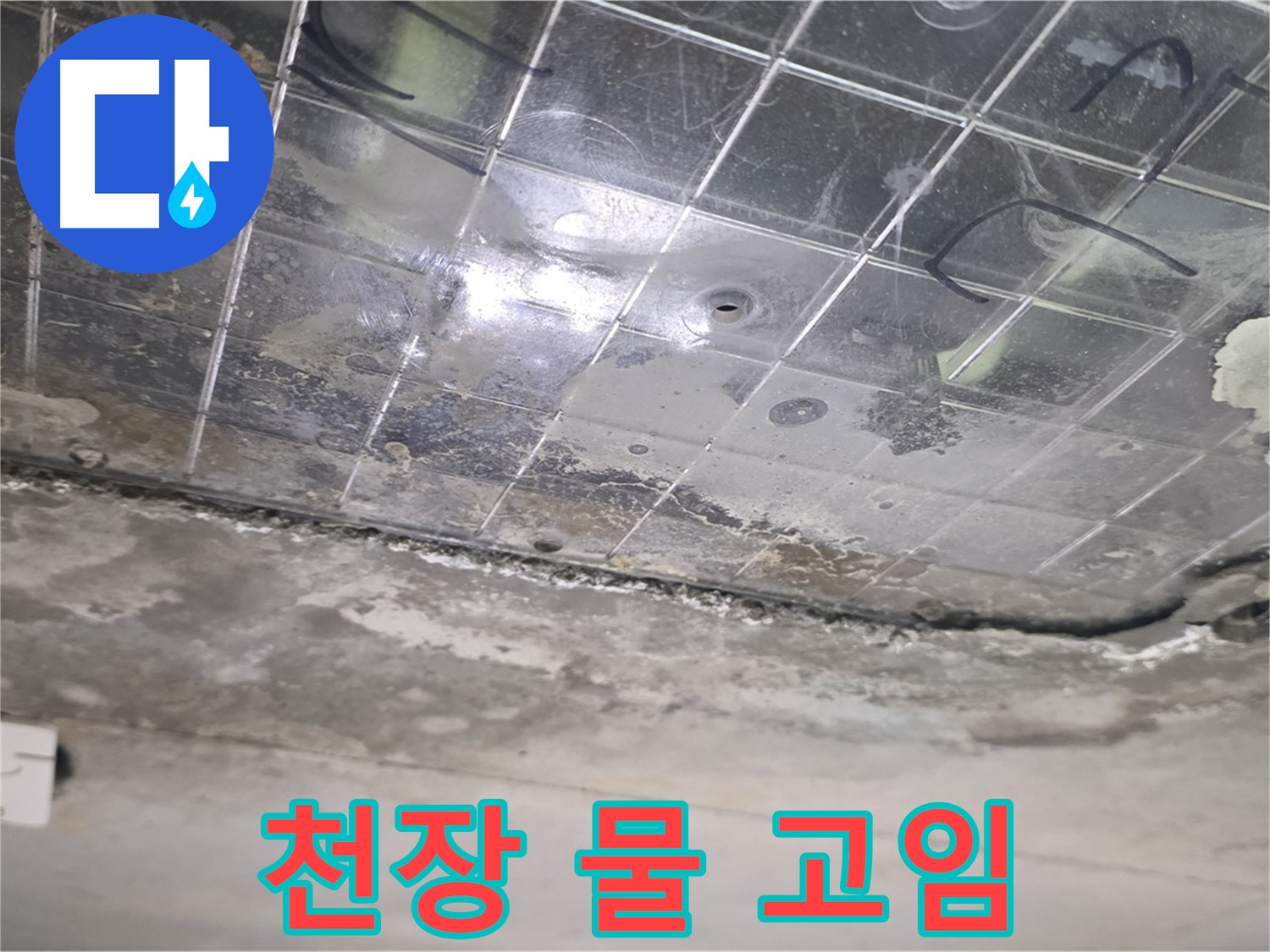 천장 물 고임 - 누수로 인해 천장에 물이 고여 있습니다.