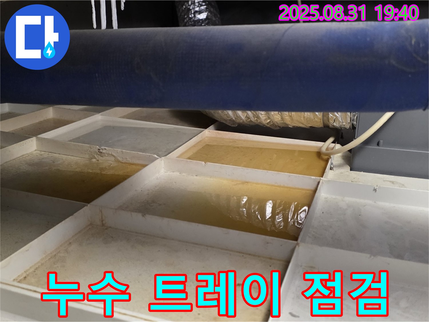 누수 트레이 점검 - 천장 트레이에 고인 물 확인 - 누수 진단