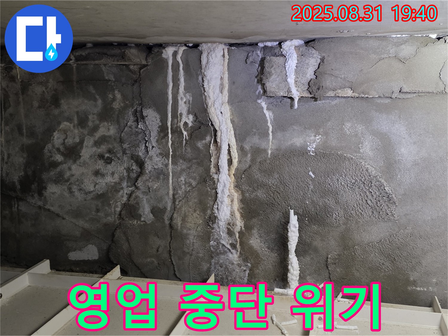분당구 산운동 상가 지하 콘크리트 누수 - 심각한 누수 흔적과 콘크리트 손상, 영업 중단 위기