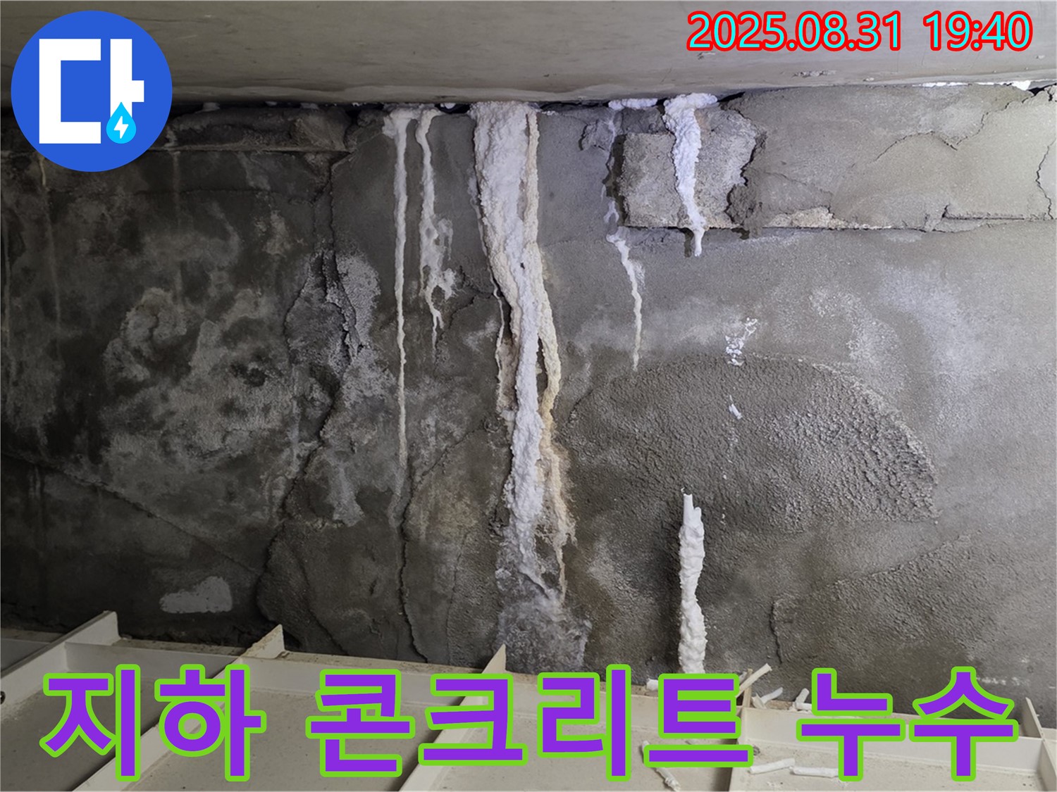 분당구 산운동 주택 지하 콘크리트 누수 - 심각한 콘크리트 손상과 누수 흔적, 건물 훼손 우려