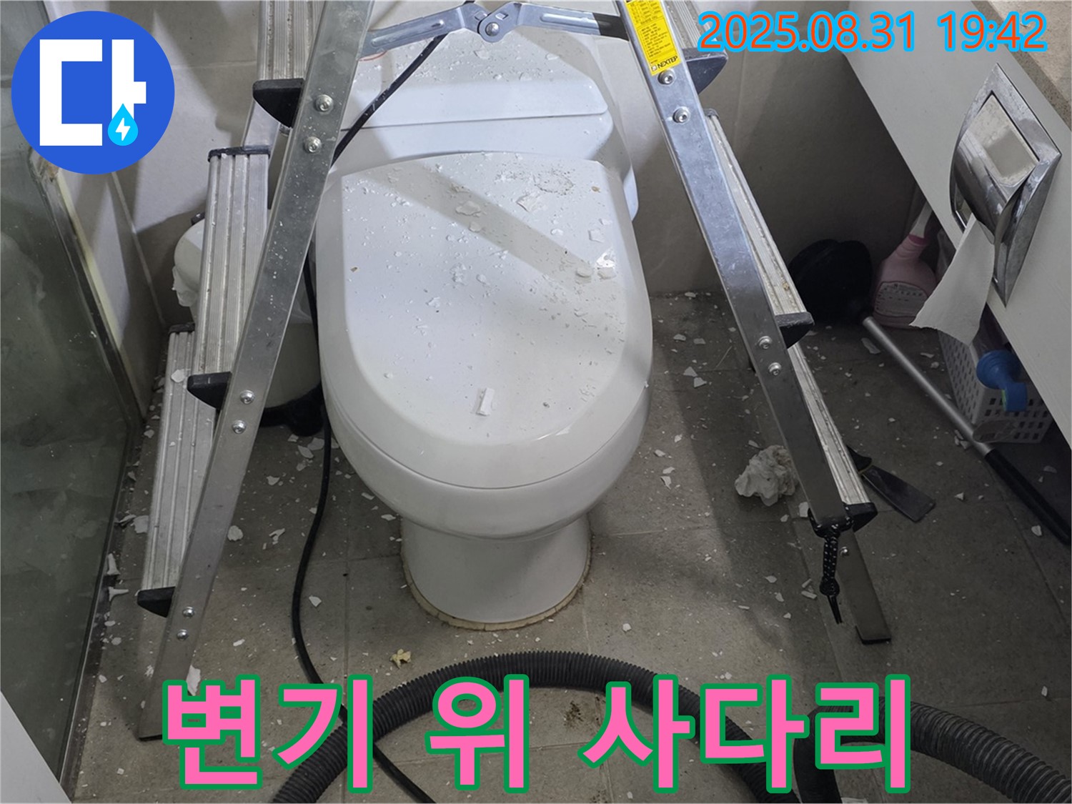 변기 위 사다리 설치 - 안전 작업 준비 완료