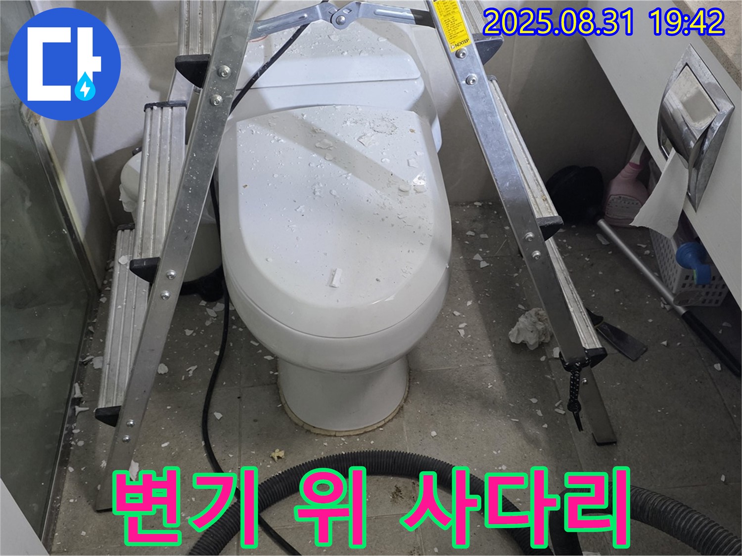 변기 위 사다리 - 안전 작업 준비 완료