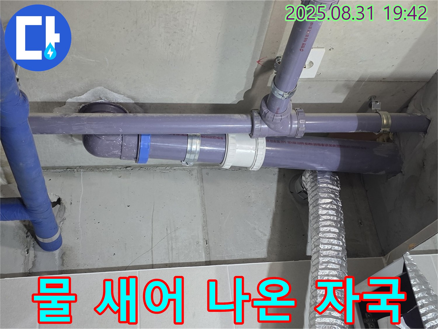 산운마을 아파트 - 세탁실 천장 배관 연결 부위 물 자국 - 누수 전문가가 누수 경로를 추적하고 있습니다.