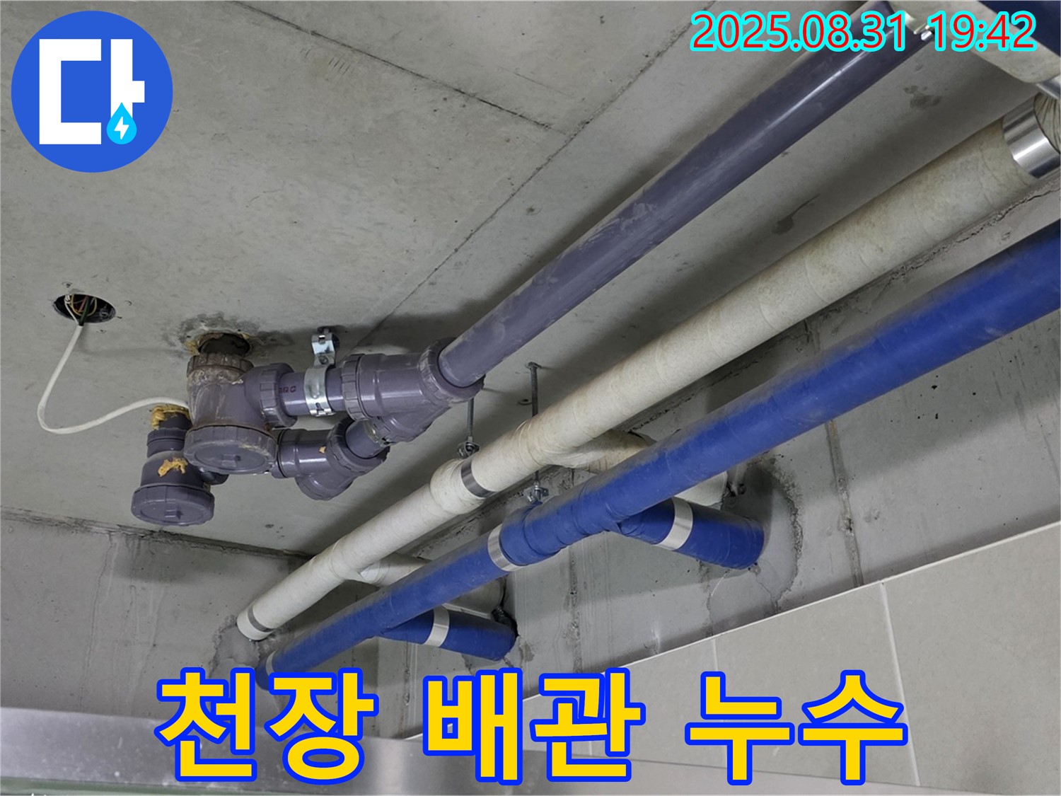 천장 배관에서 발생한 누수 - 노후된 배관 연결 부위에서 누수가 진행되고 있습니다.