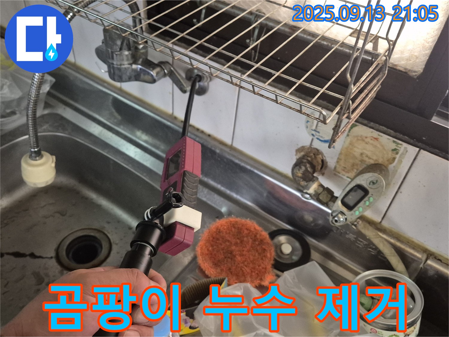 싱크대 배수구 주변 곰팡이 - 누수 해결 후 싹 제거