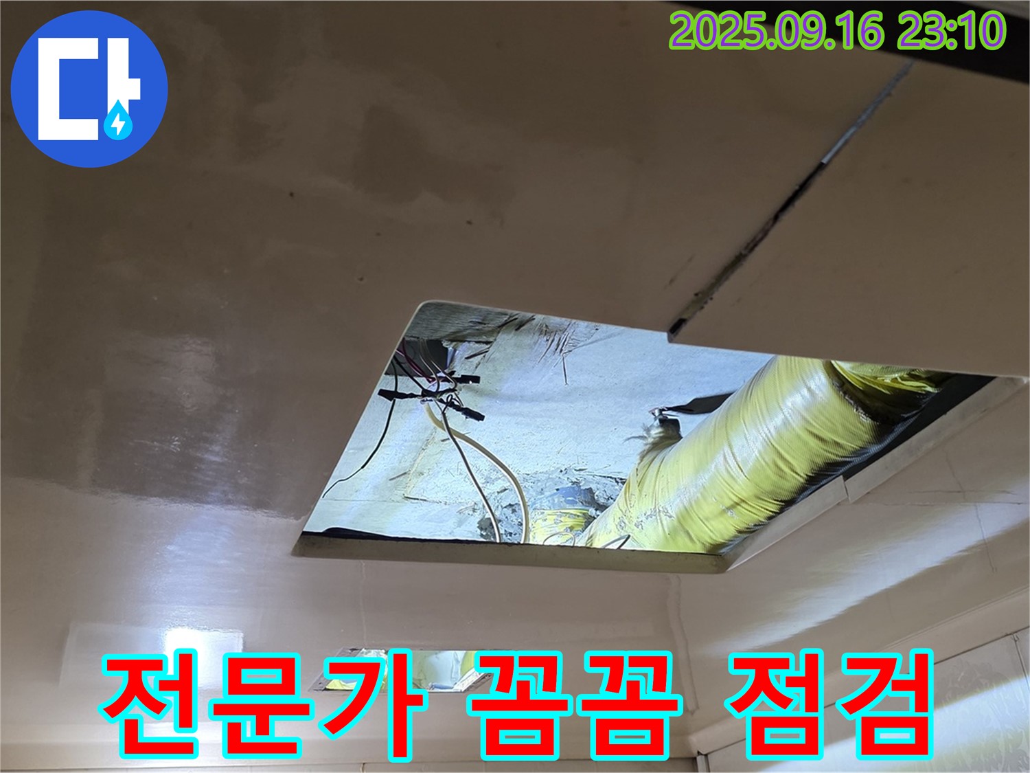 천장 속 점검 - 누수 해결 전문가가 꼼꼼하게 천장 내부를 점검하고 있습니다.