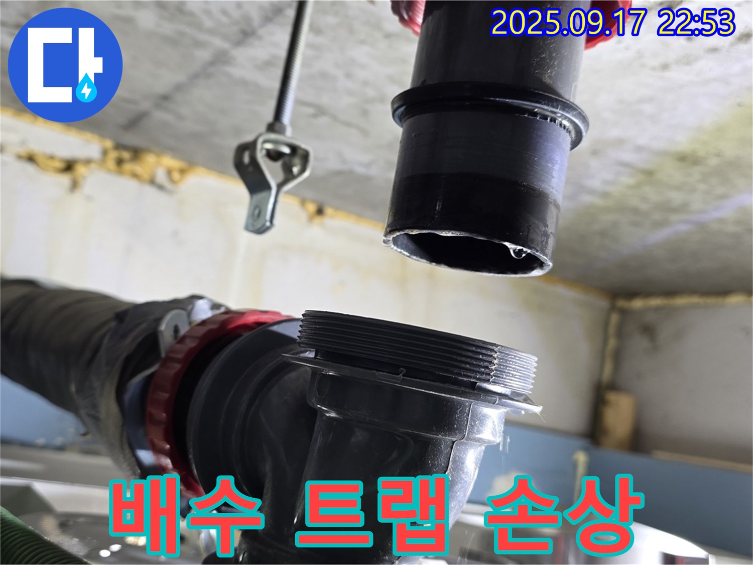 싱크대 하수구 배수 트랩 손상 - 새 트랩으로 교체하여 누수 해결!