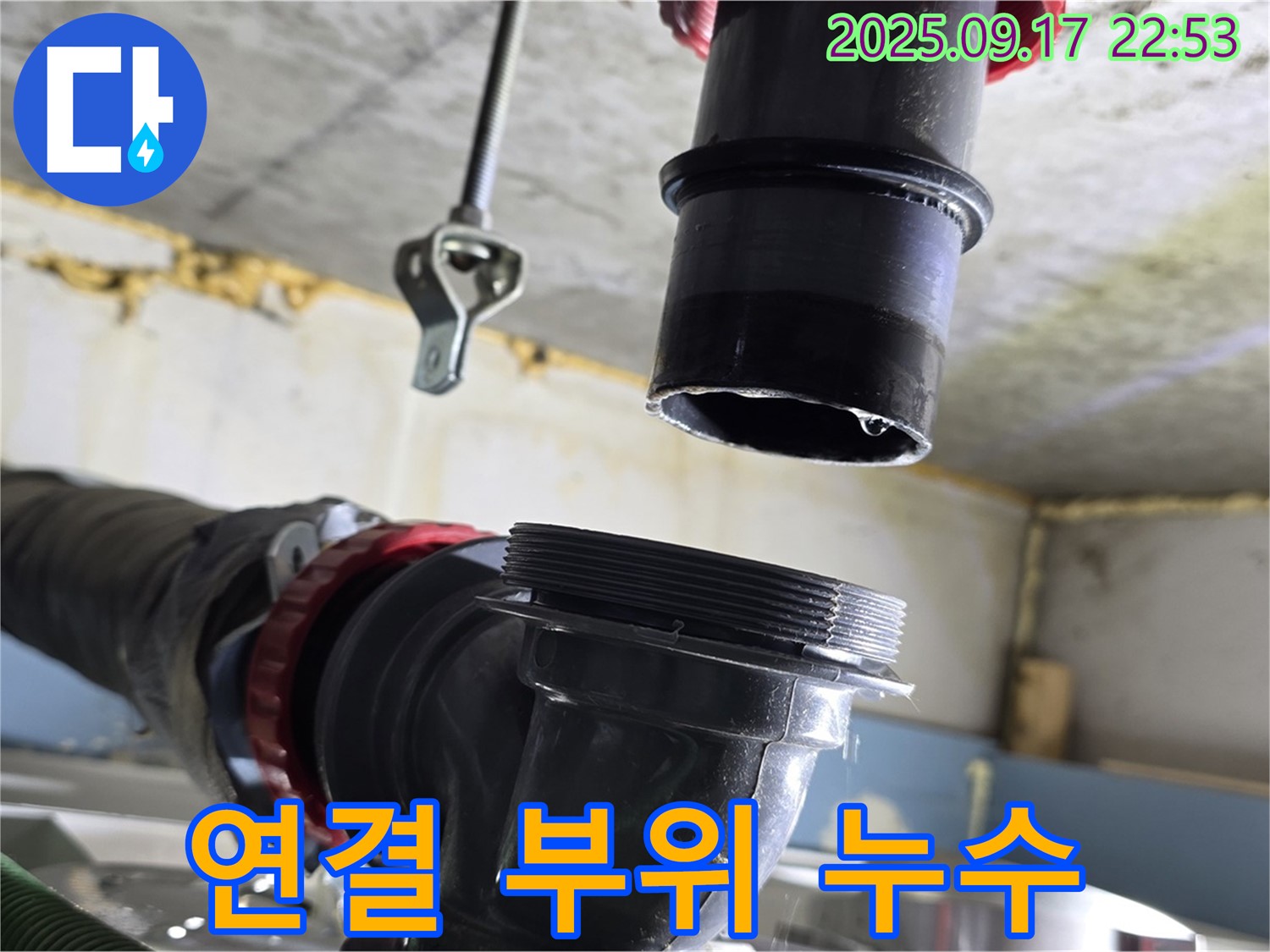 싱크대 하수구 배수통과 호스 연결 부위 누수 - 꼼꼼한 재연결이 필요합니다.