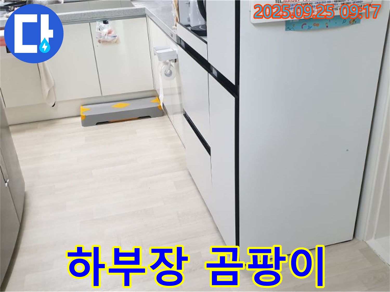 양주시 백석읍 연곡리 싱크대 하부장 - 곰팡이 핀 하부장 내부를 보여주며, 습기와 누수의 흔적을 나타냅니다.