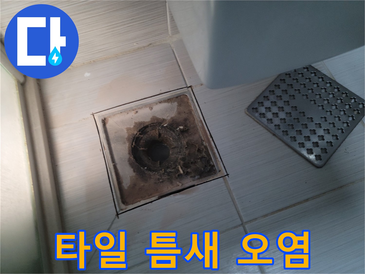 욕실 배수구 - 타일 틈새 오염 - 고압 스팀 청소로 묵은 때까지 싹 제거