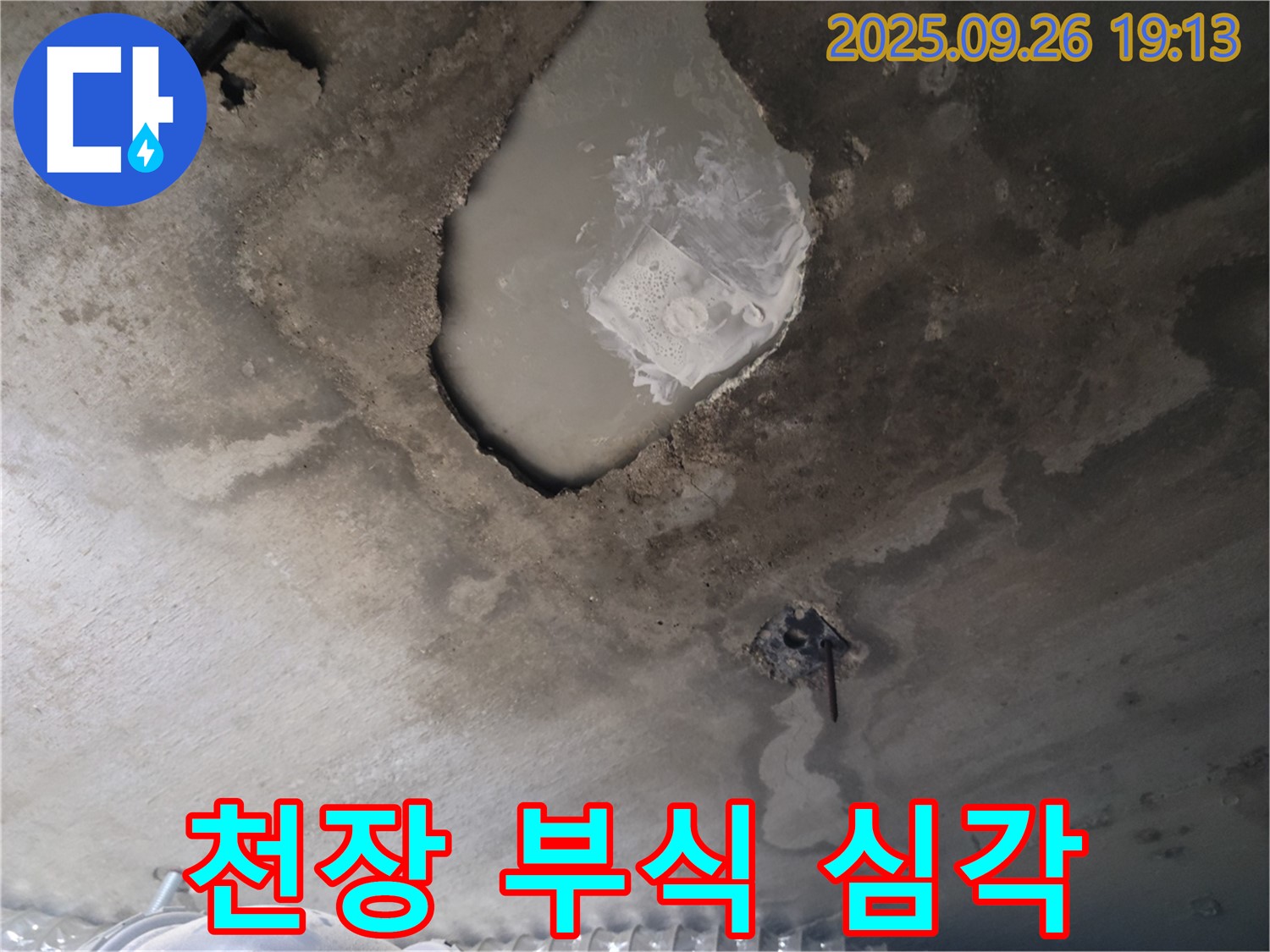 콘크리트 천장 - 심각한 부식 - 안전 점검 시급