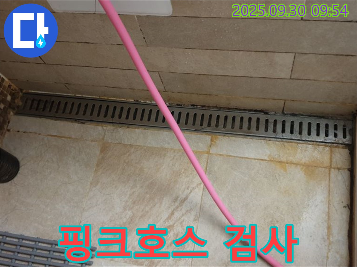 샤워실 트렌치 누수 - 핑크 호스를 사용하여 꼼꼼하게 누수 검사를 진행하고 있습니다.
