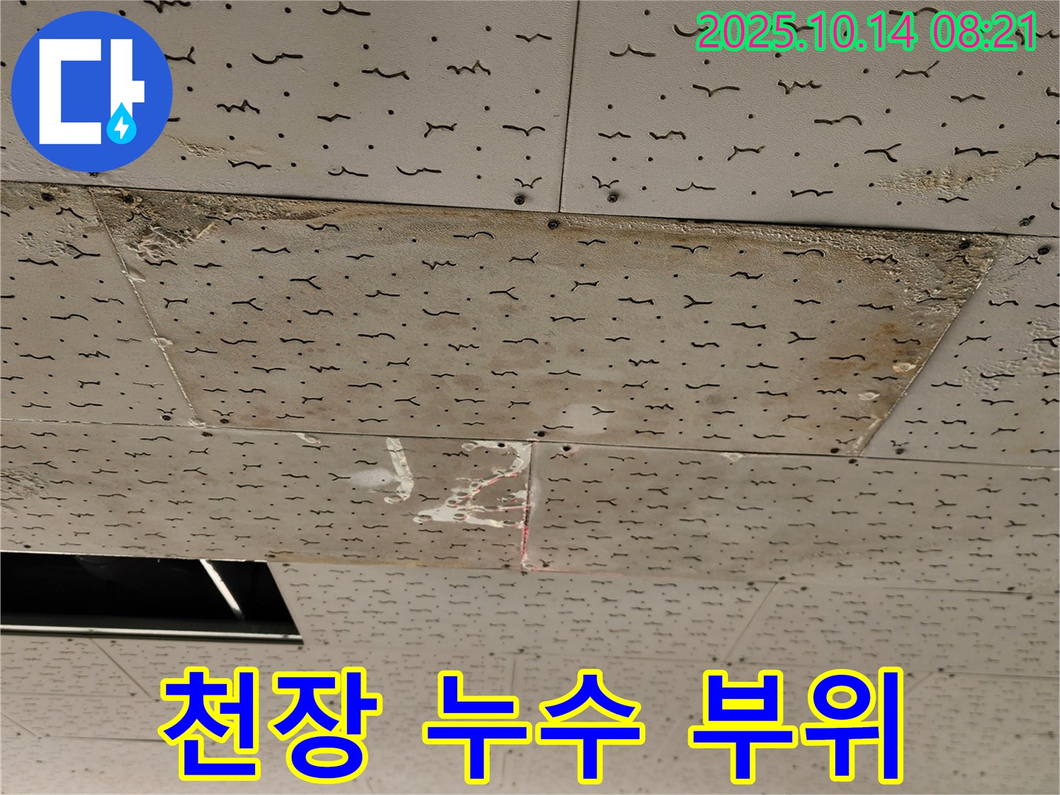 양주 남면 천장 누수 - 누수가 발생한 천장 부위를 촬영한 사진입니다.