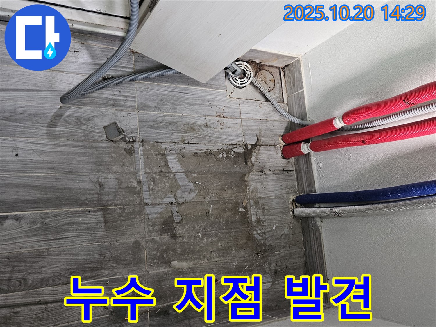 정확한 누수 지점 - 배관 연결 부위에서 누수가 발생하고 있습니다.