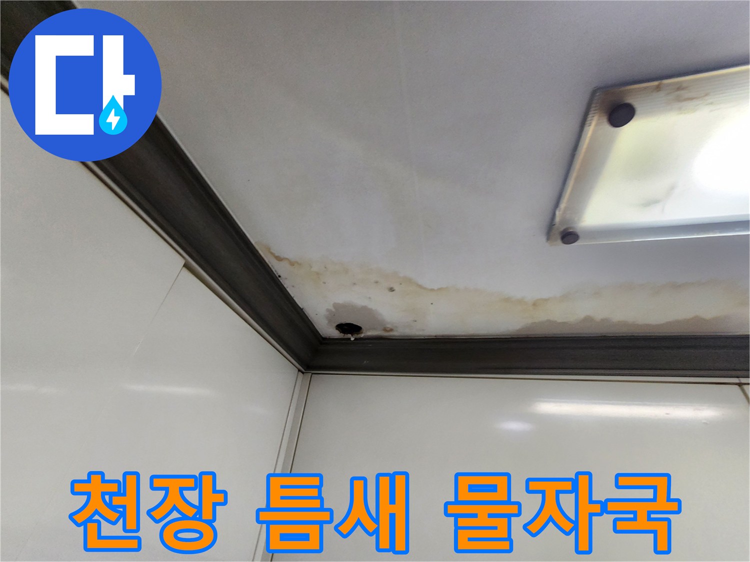 천장 판넬 사이로 스며든 물로 인한 얼룩진 모습