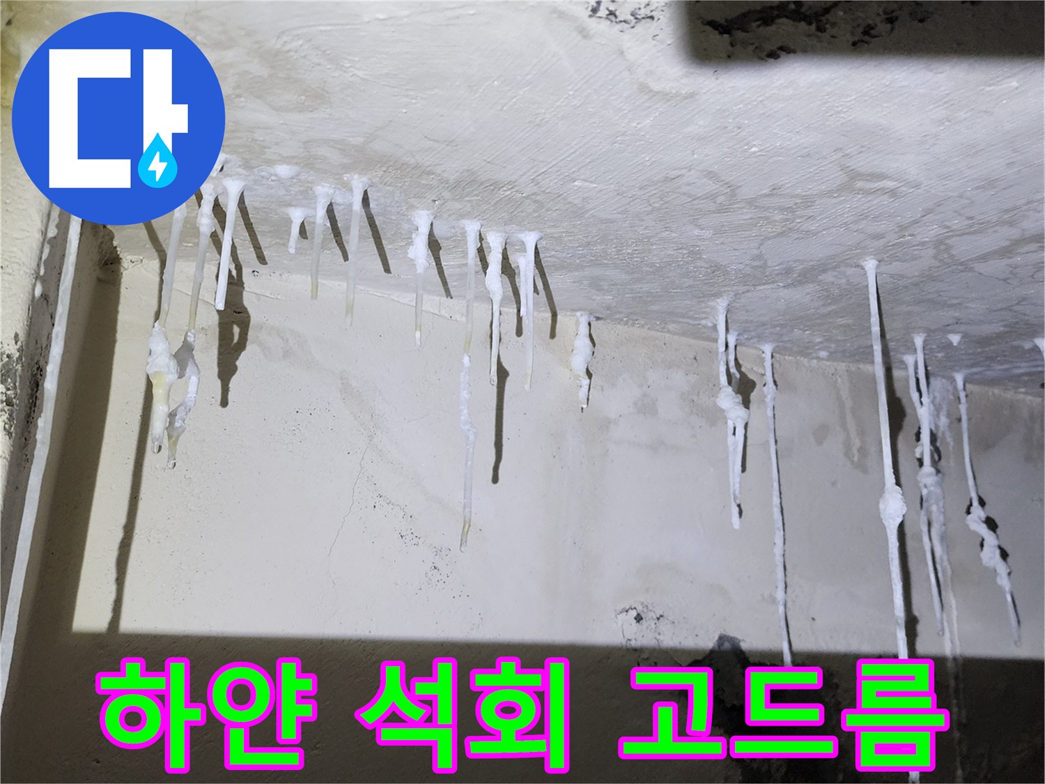 천장에서 떨어지는 하얀색 석회 고드름 현상