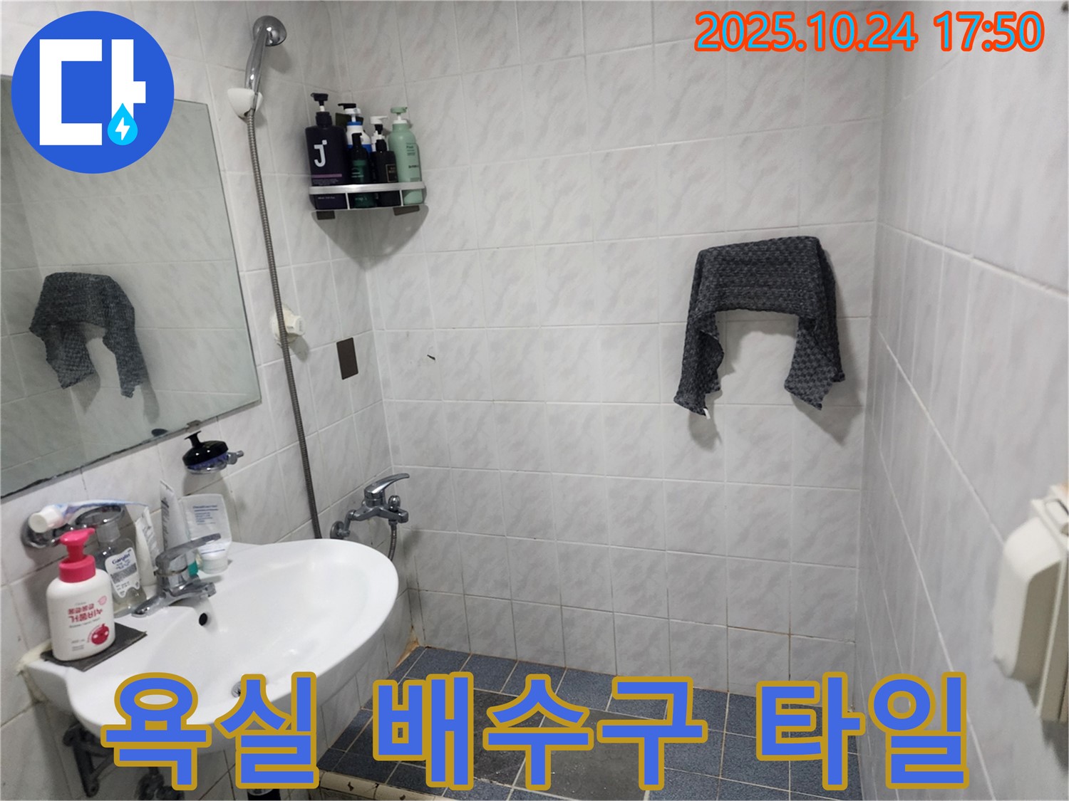 욕실 배수구 주변 타일 손상 - 누수 가능성 의심