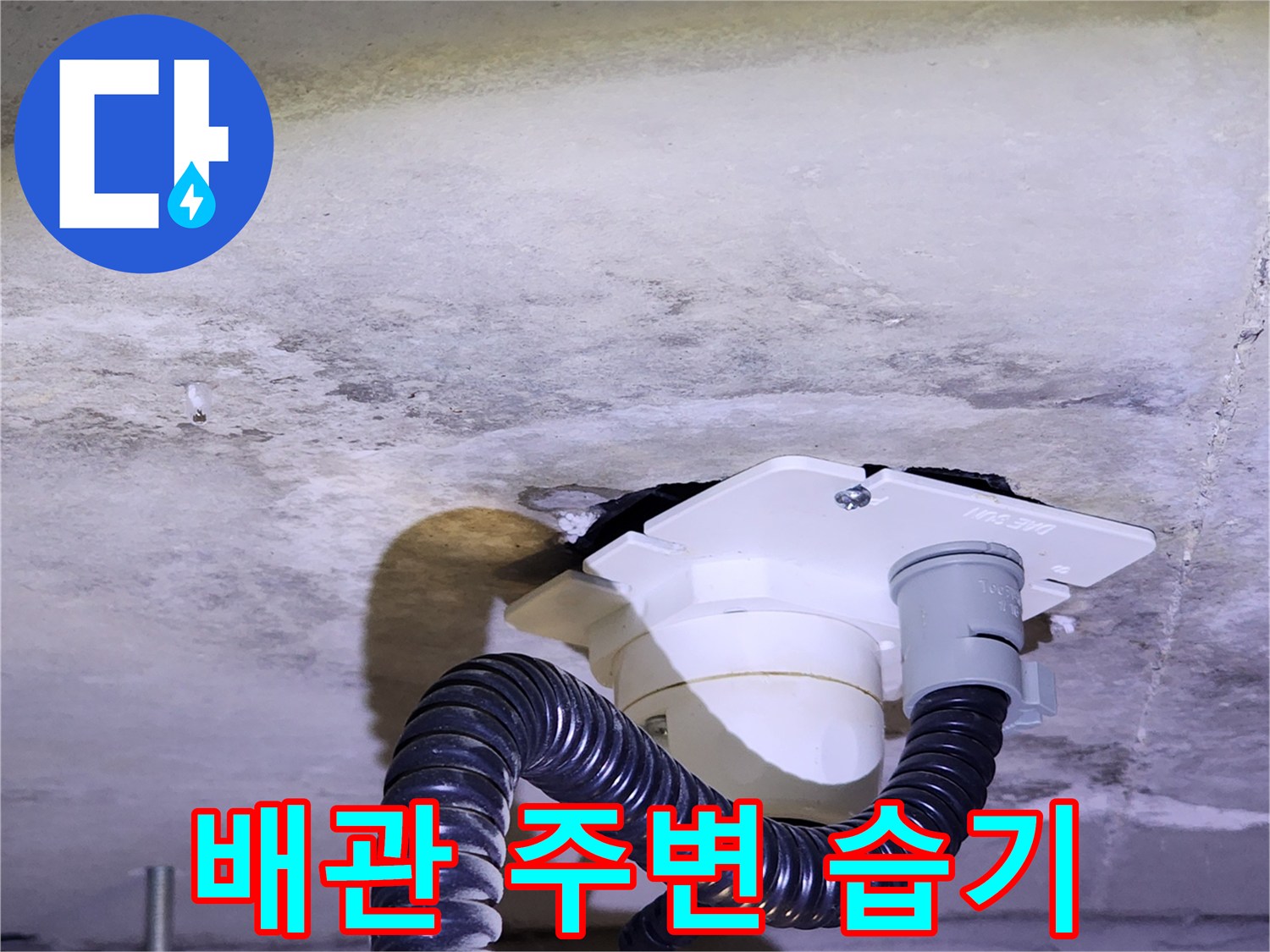 천장 배관 연결부 근처의 눅눅한 콘크리트 상태