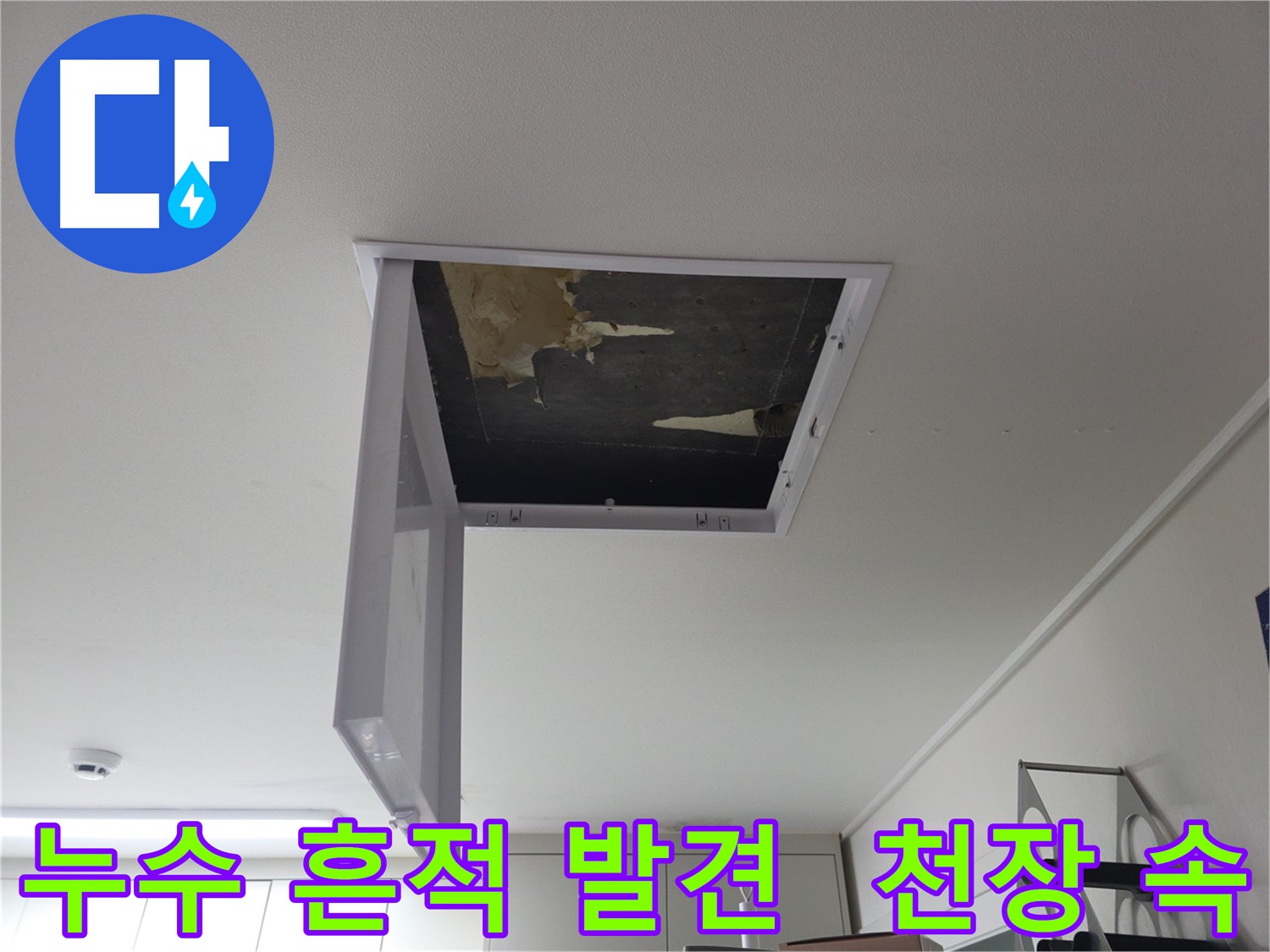 천장 속에서 누수 흔적을 발견한 사진