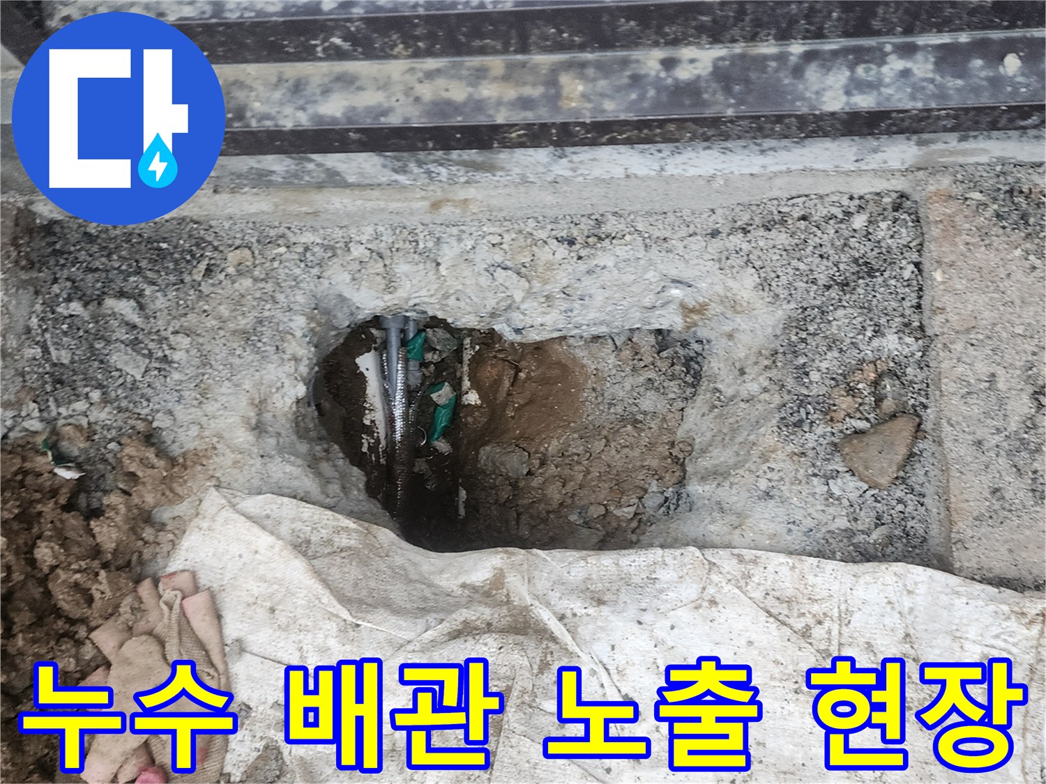 굴착-부위에서-발견된-젖은-흙과-배관