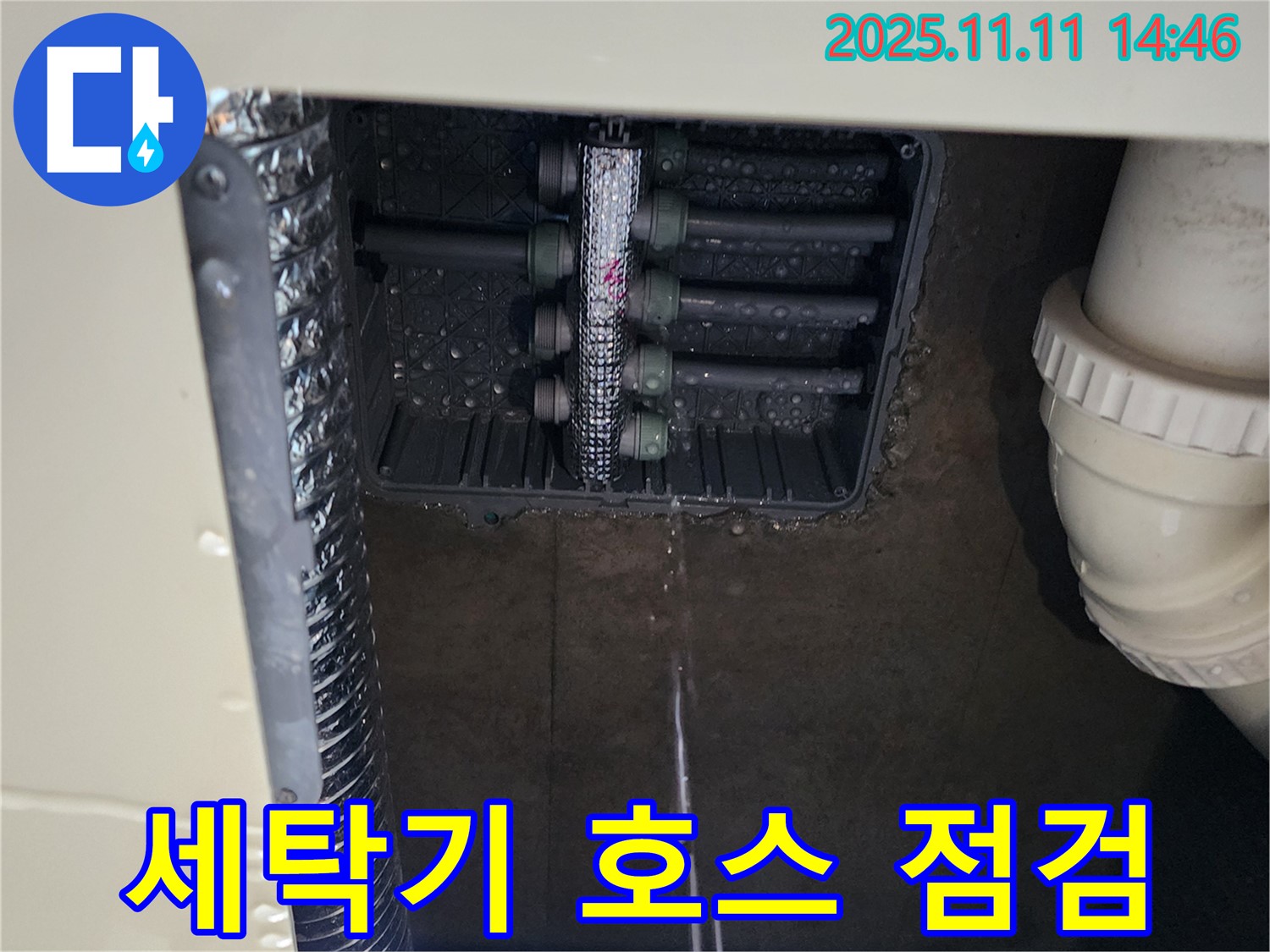 세탁기 배수 호스 - 누수 점검 중