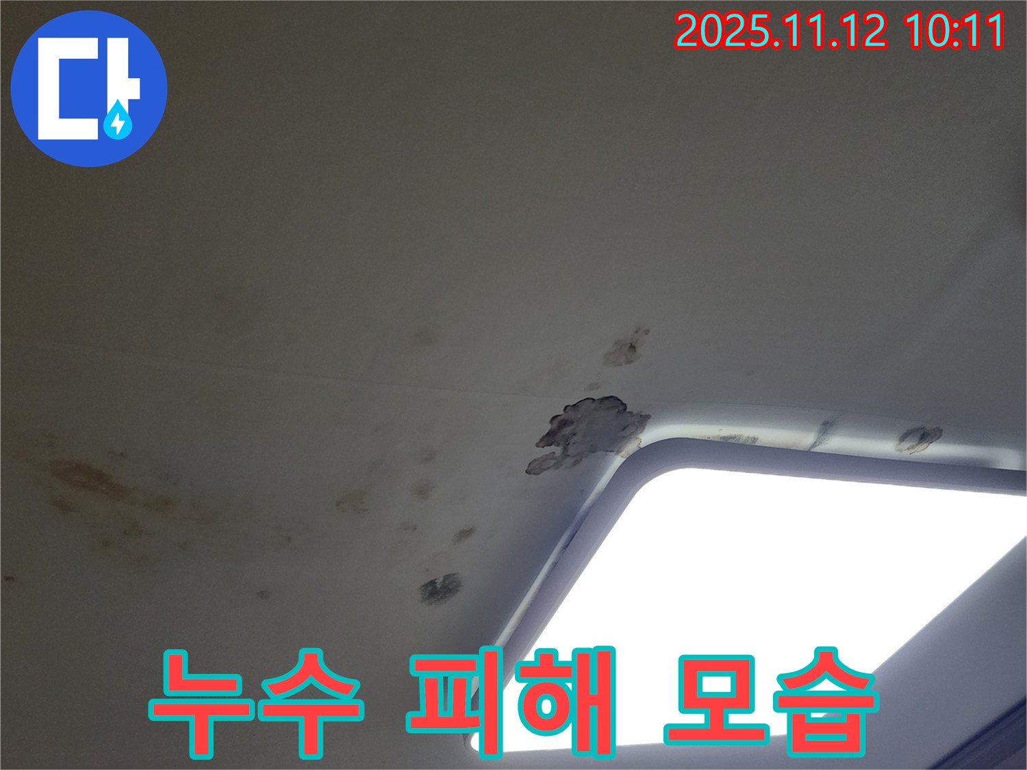 누수 피해 모습 - 천장 손상과 함께 떨어진 천장재