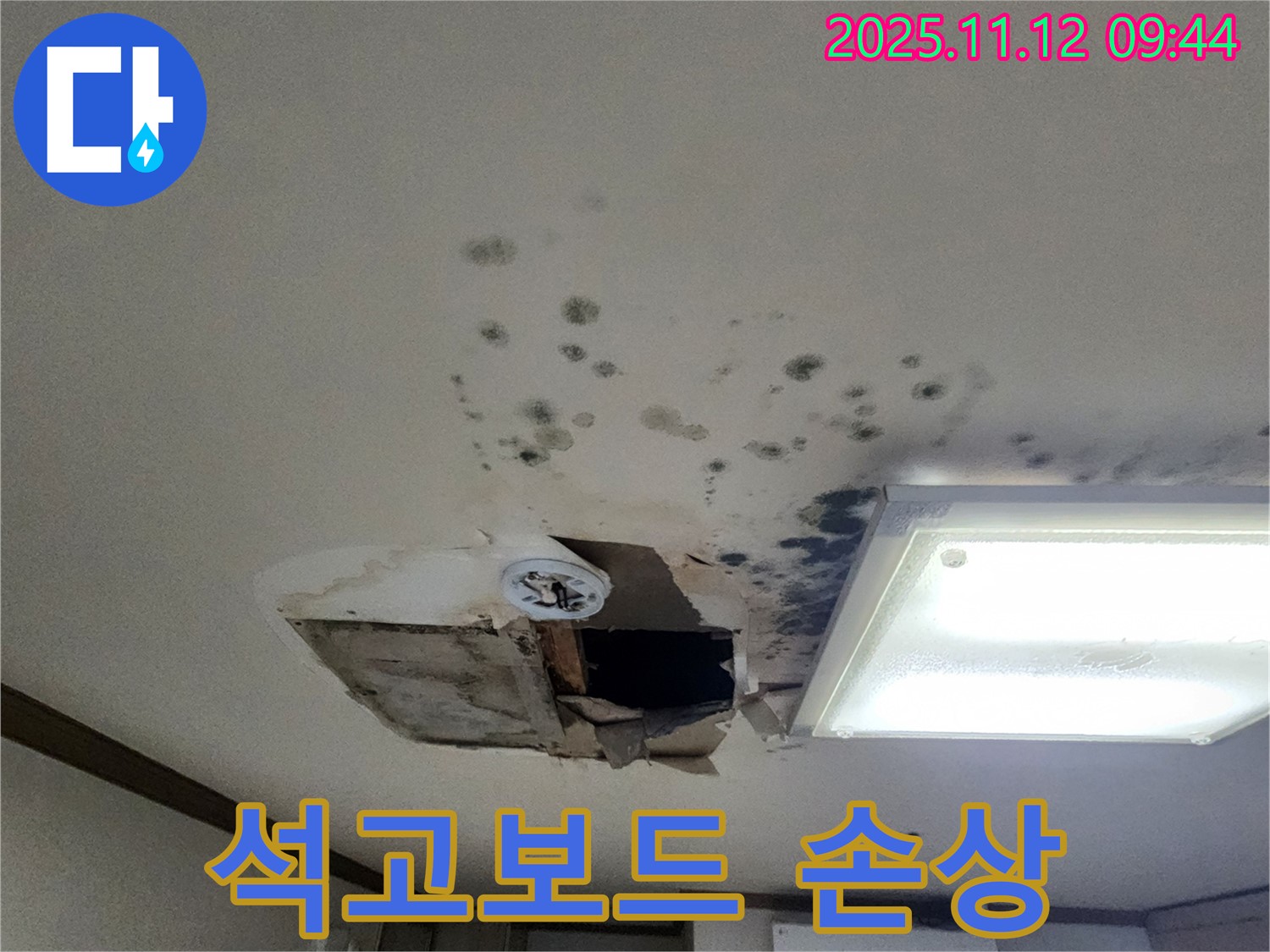 석고보드 손상 - 천장 누수 - 교체 시급 - 안전 문제