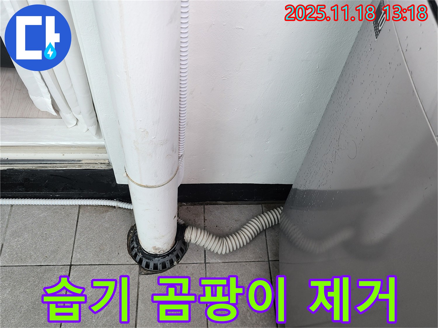 세탁기 배수구 주변에 - 습기가 많습니다.