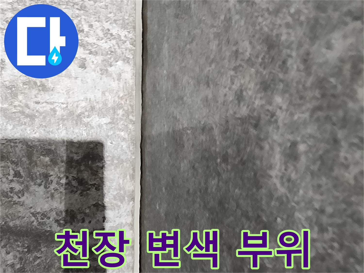 물샘으로 인해 어둡게 변한 천장 벽면의 모습