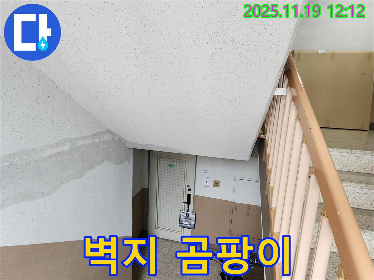 아파트 계단 벽 누수 - 누수 진행으로 벽지에 곰팡이가 발생한 모습