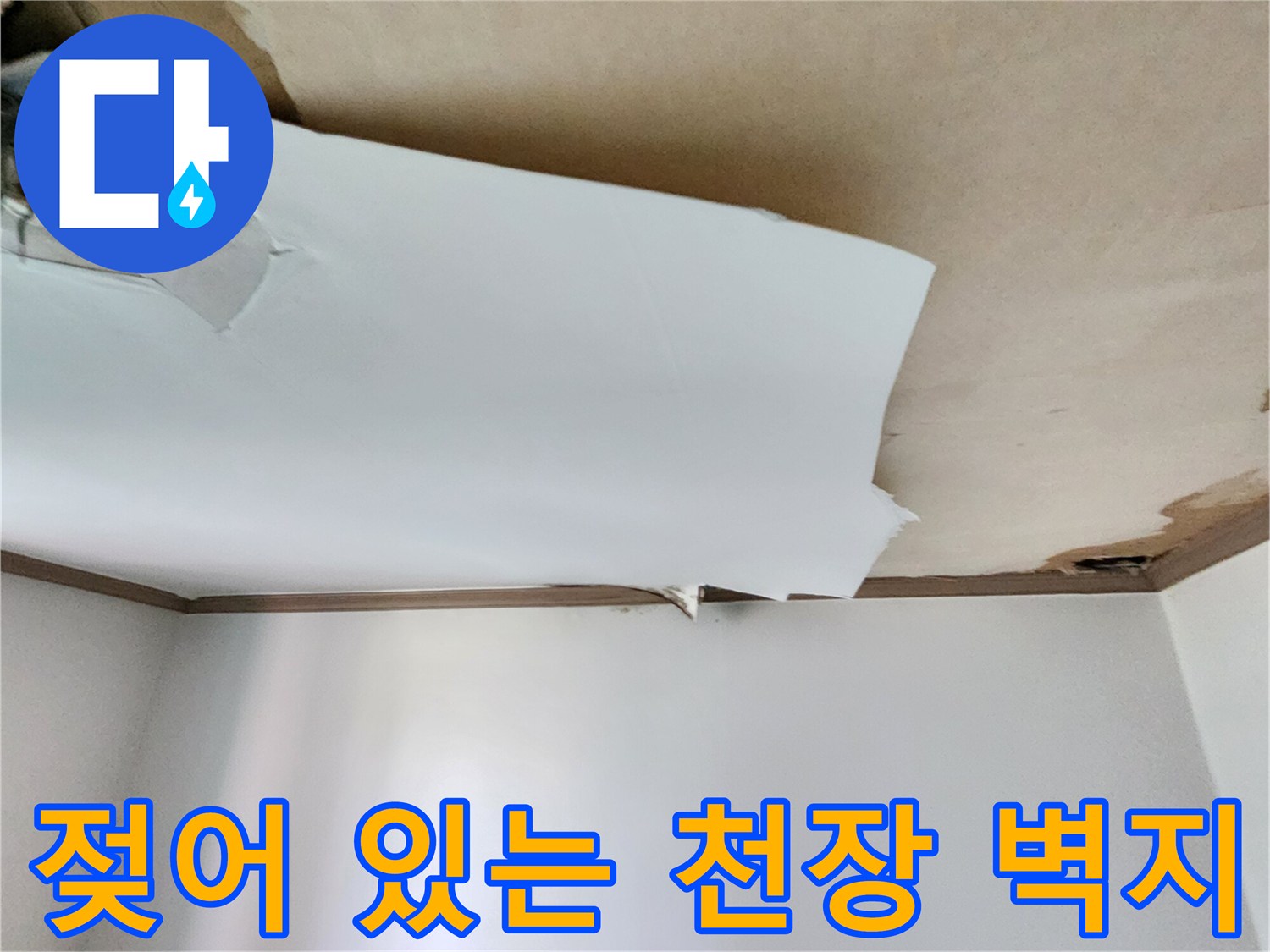 물이-스며들어-들뜬-천장-벽지의-상태