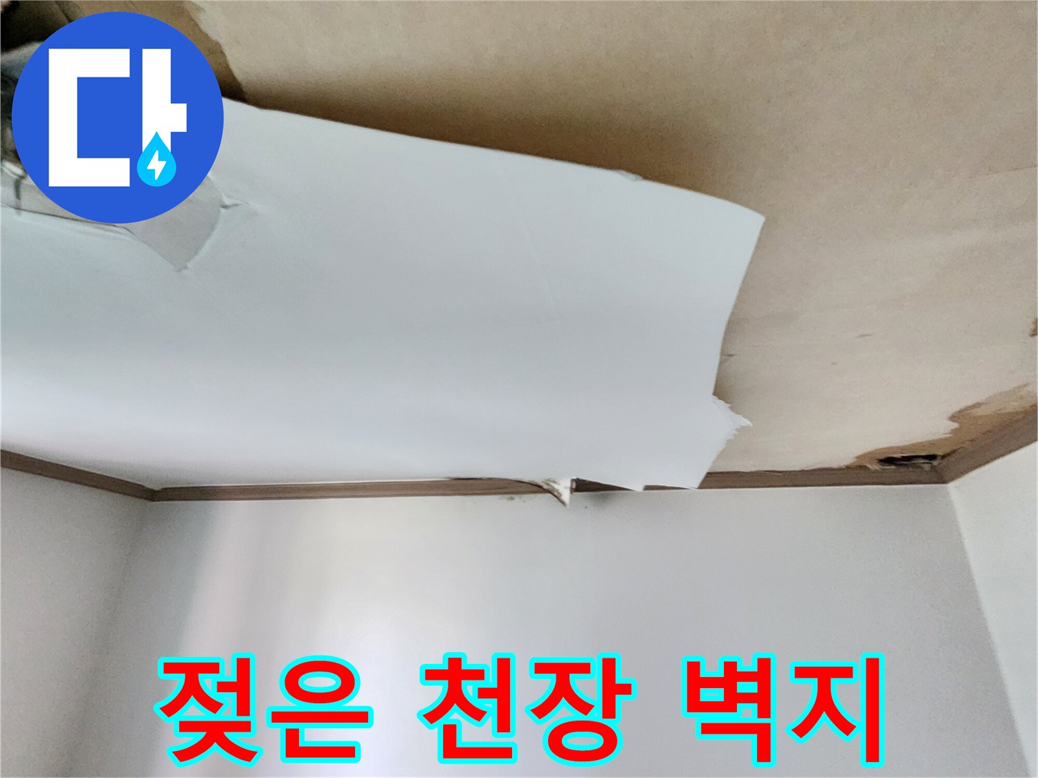 수분 침투로 인해 변색된 천장 마감재 사진