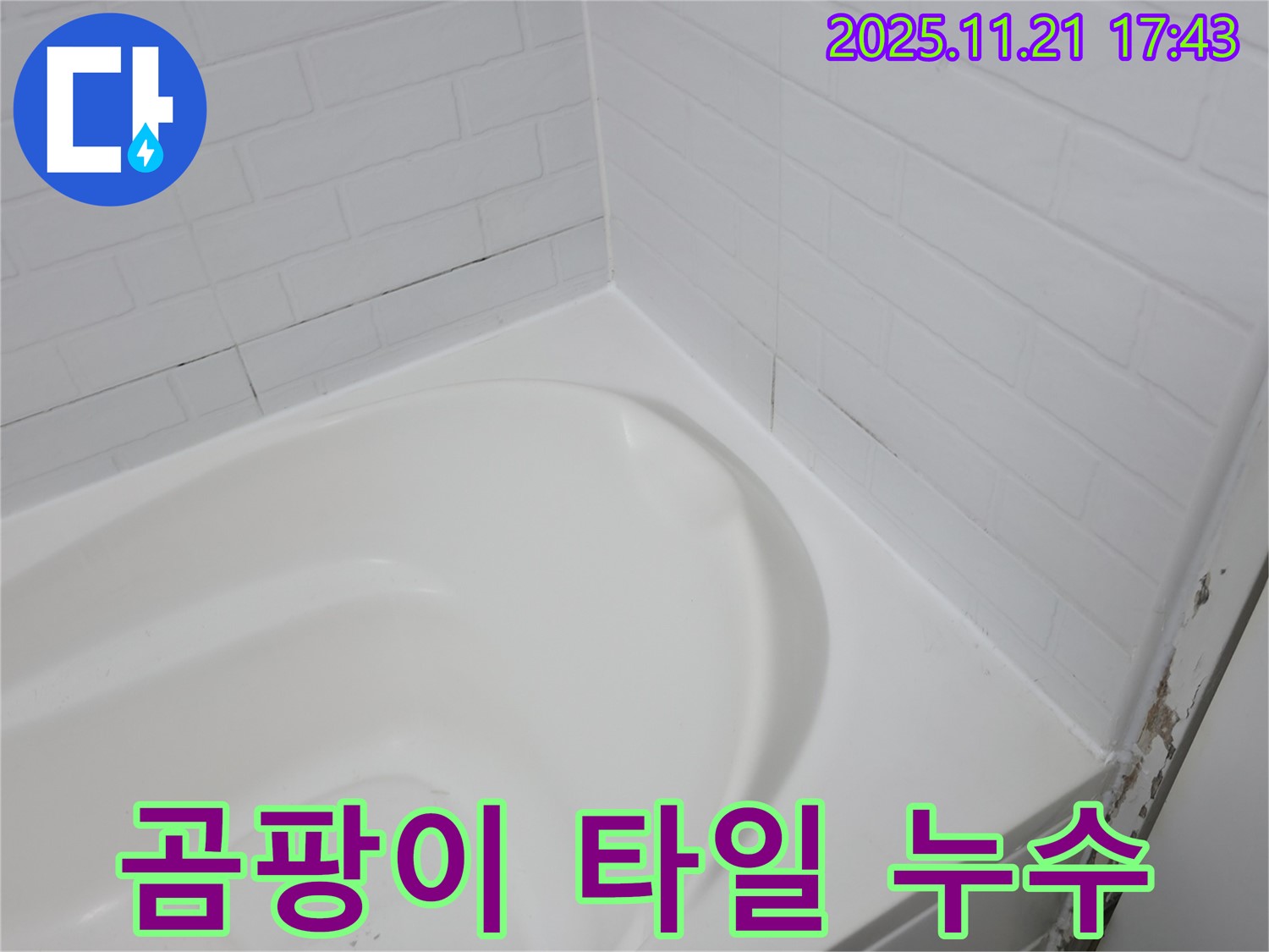 세검정동 욕조 - 곰팡이 슨 타일 - 누수 위험 신호 발생