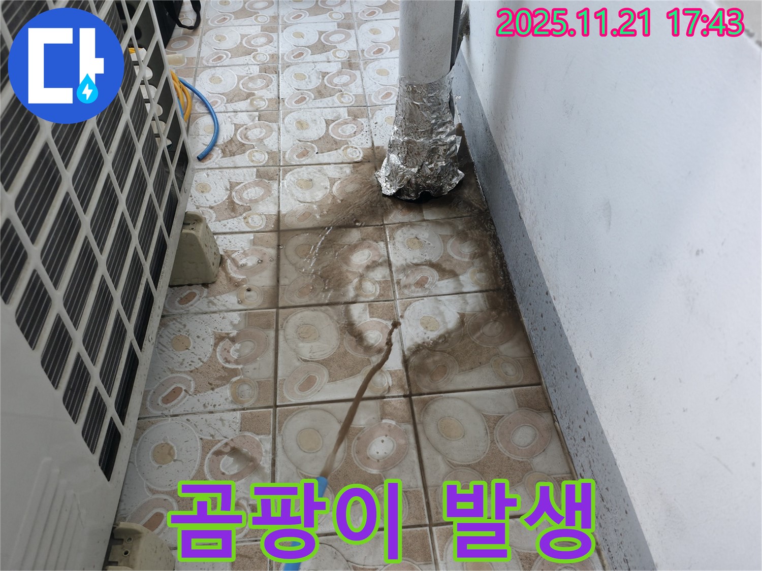 에어컨 실외기 주변 타일에 곰팡이가 핀 모습 - 곰팡이 발생