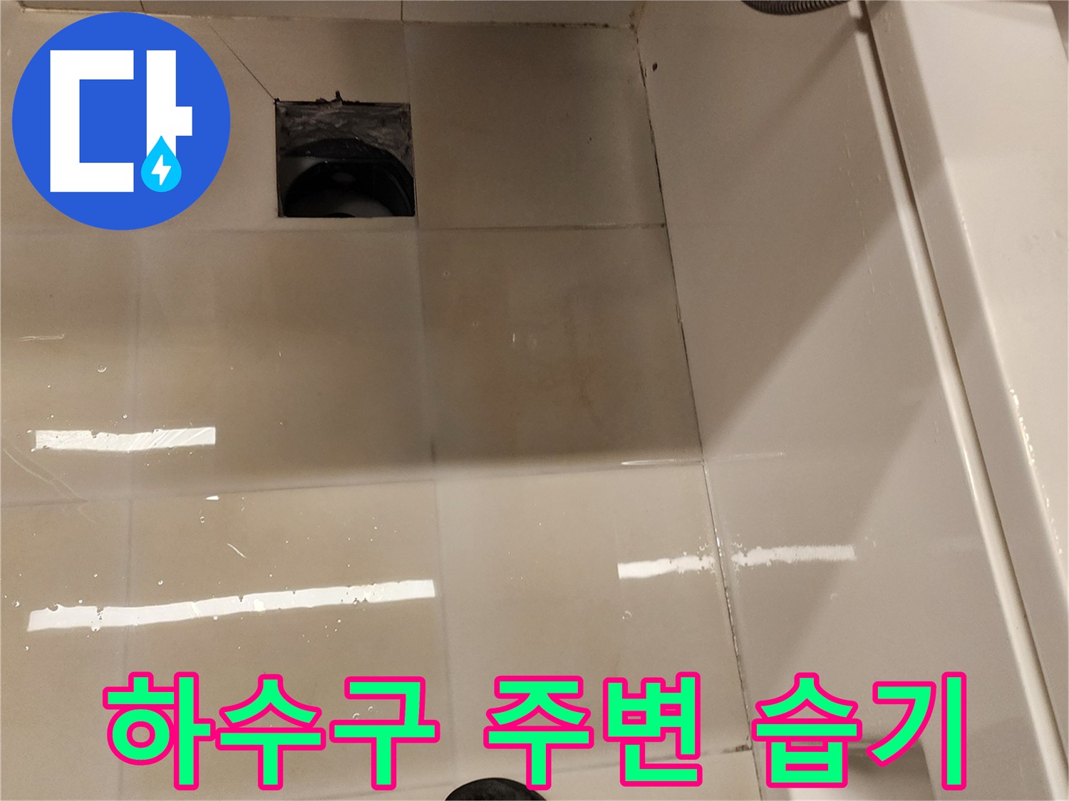 배수구 입구 근처 타일의 젖은 상태 확인