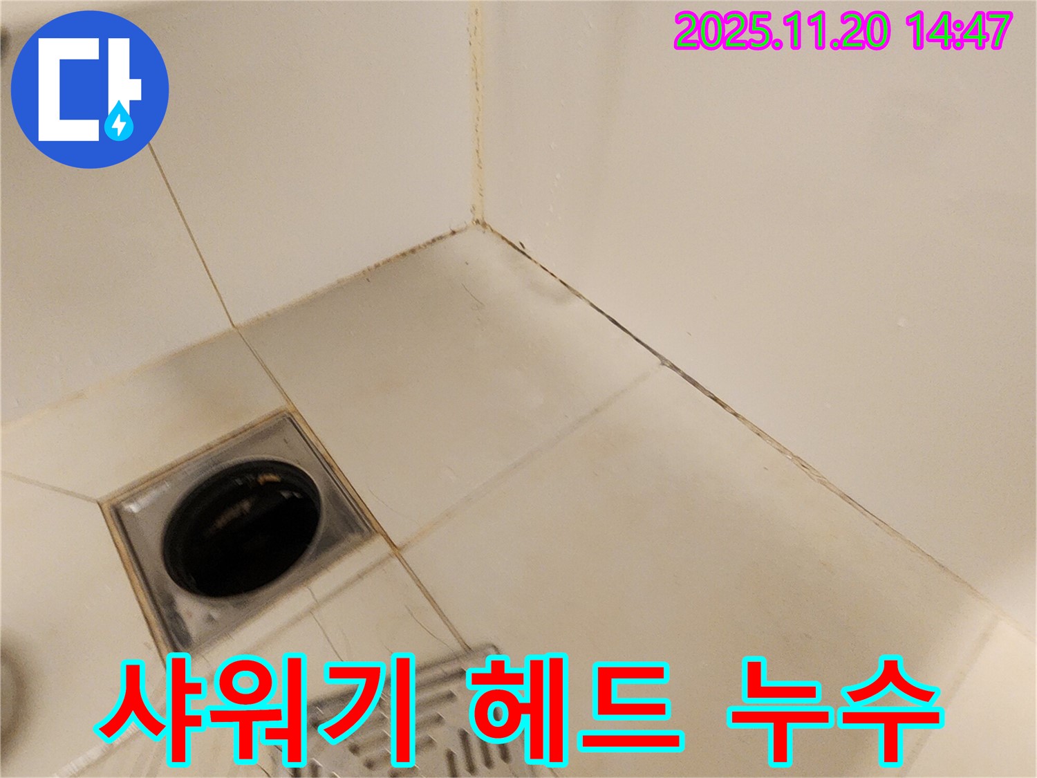 포천 가산 샤워기 헤드 - 샤워기 헤드 연결 부위에서 누수가 발생하고 석회질이 침전된 모습입니다.