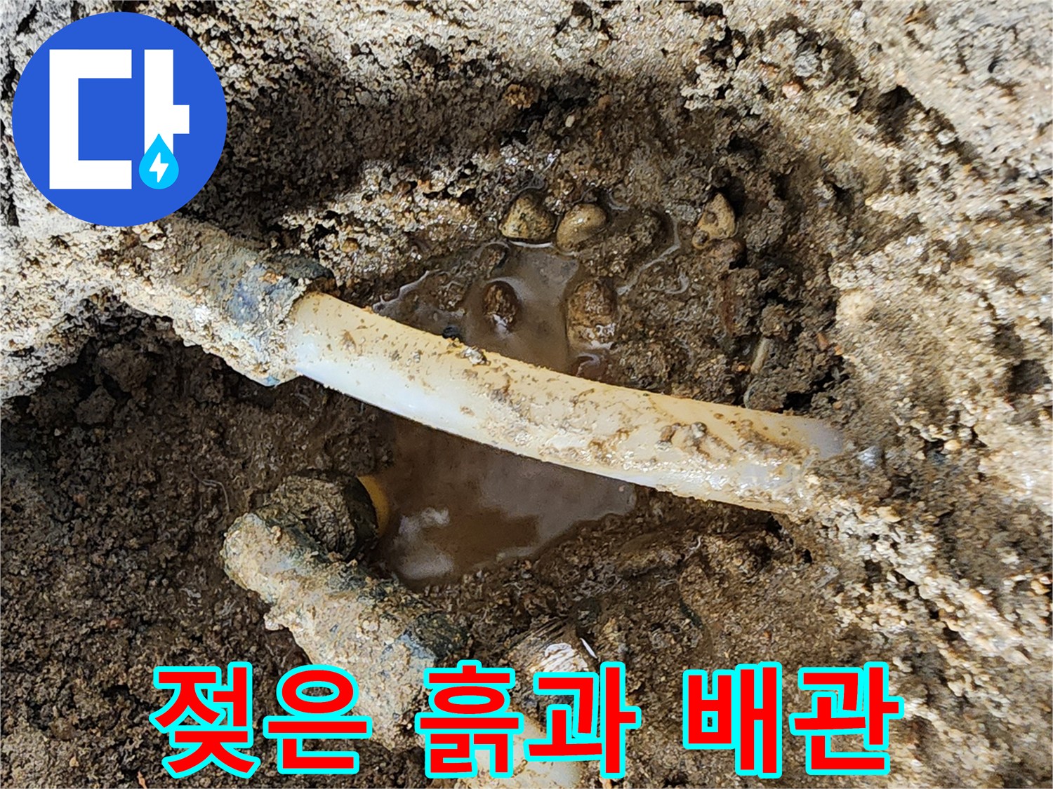 물에 젖은 흙-하얀색 배관 사이로 고여 있는 물