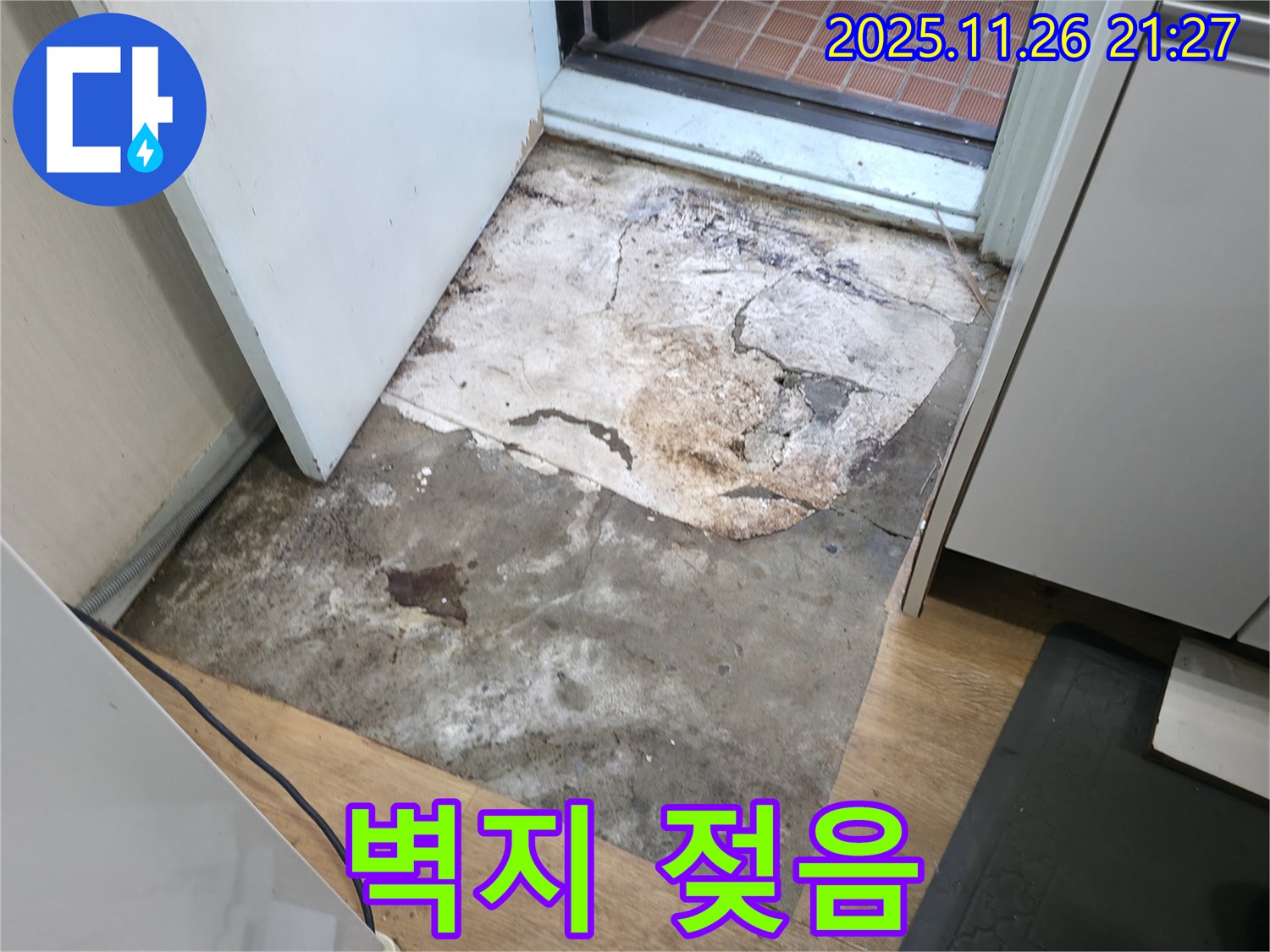 서초2동 현관 벽지 젖음 - 누수 진행 중, 벽지 손상 및 곰팡이 주의