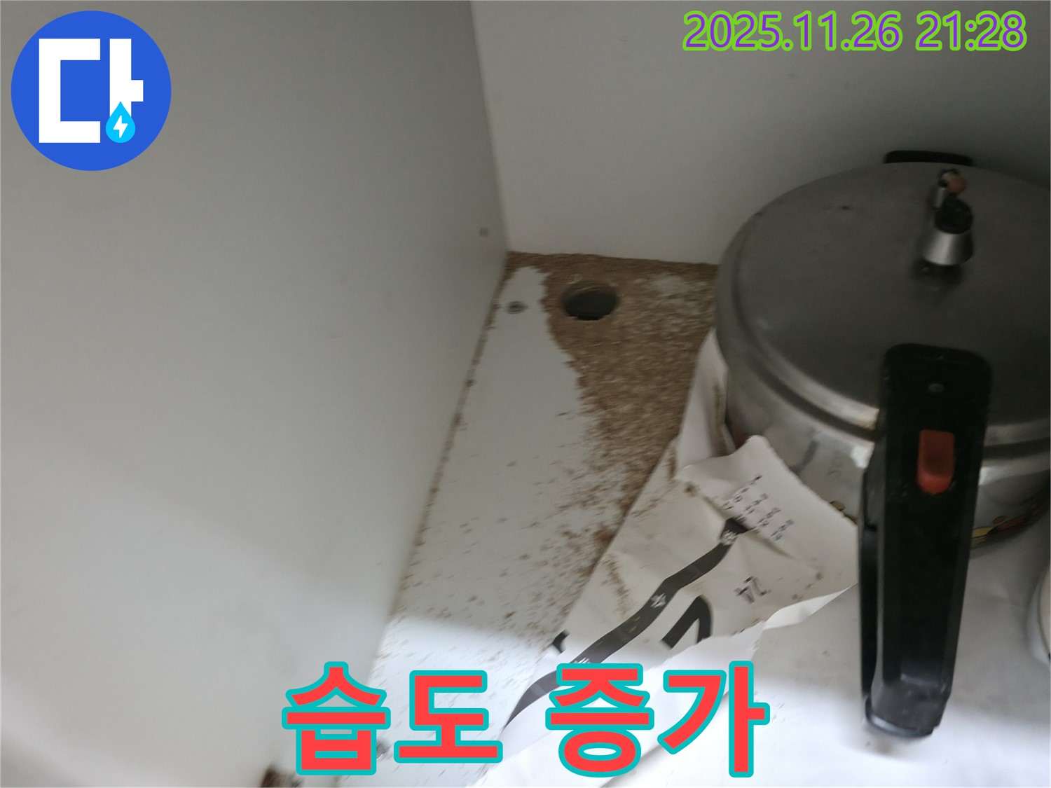 싱크대 밑 - 톱밥 - 습도 증가 - 곰팡이 번식 위험