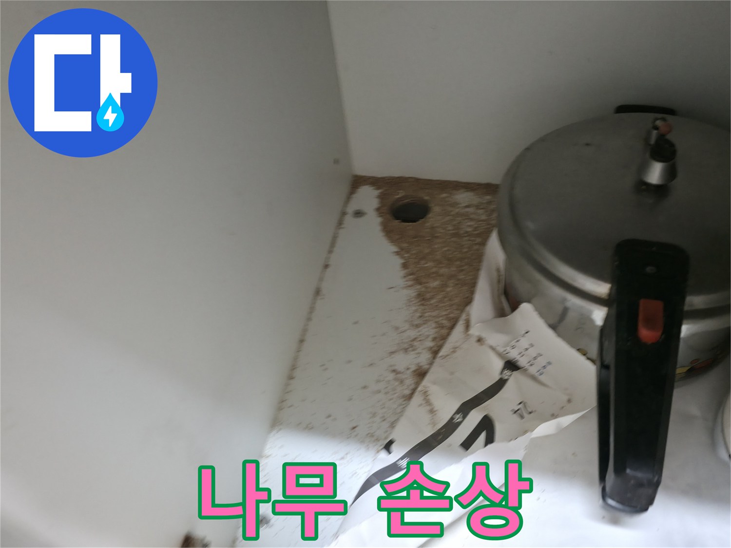 싱크대 하부 - 나무 손상 - 지속적 습기 노출 - 점검 필요