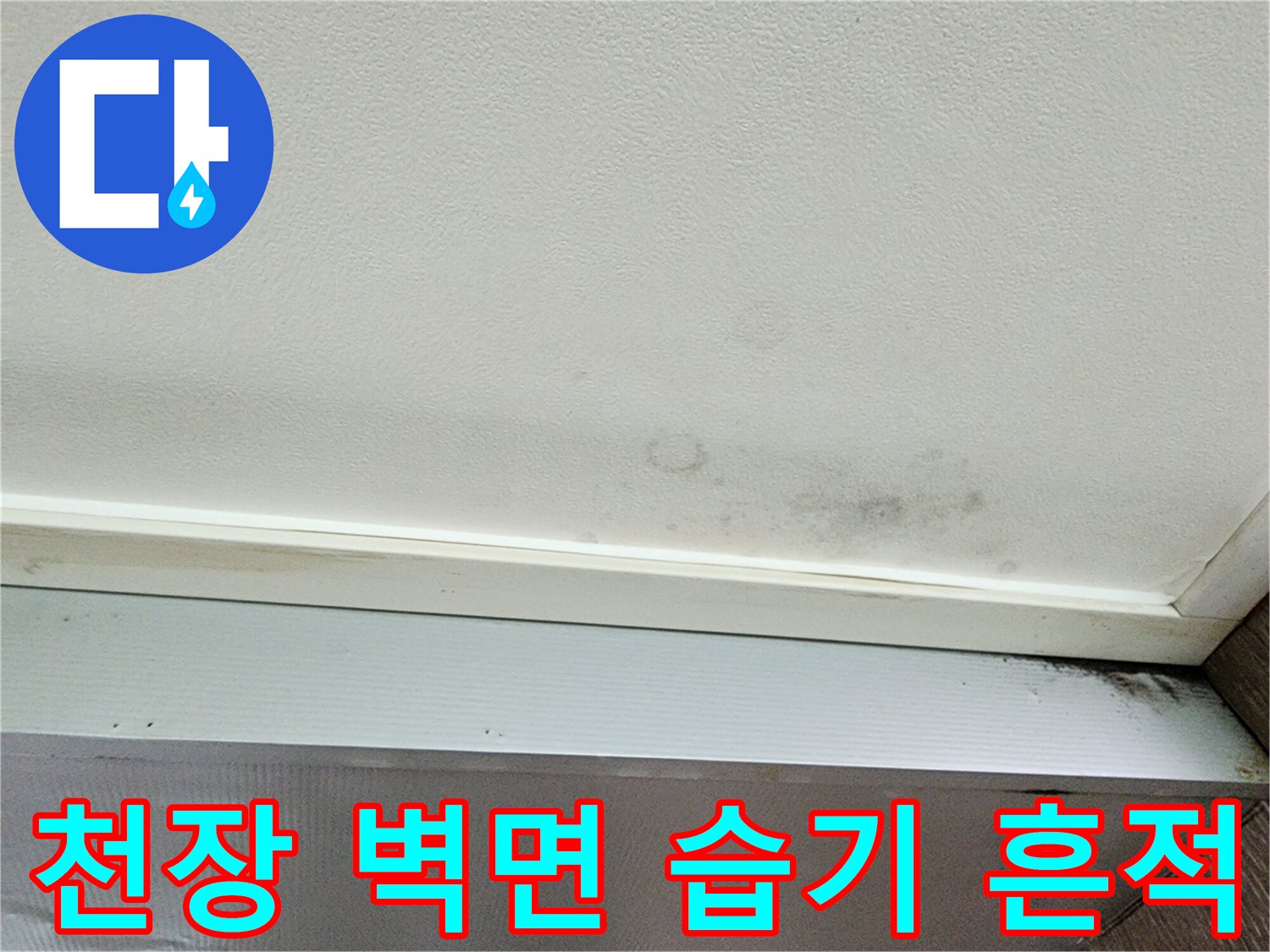 물샘으로 인해 어둡게-변색된 천장 벽지 영역