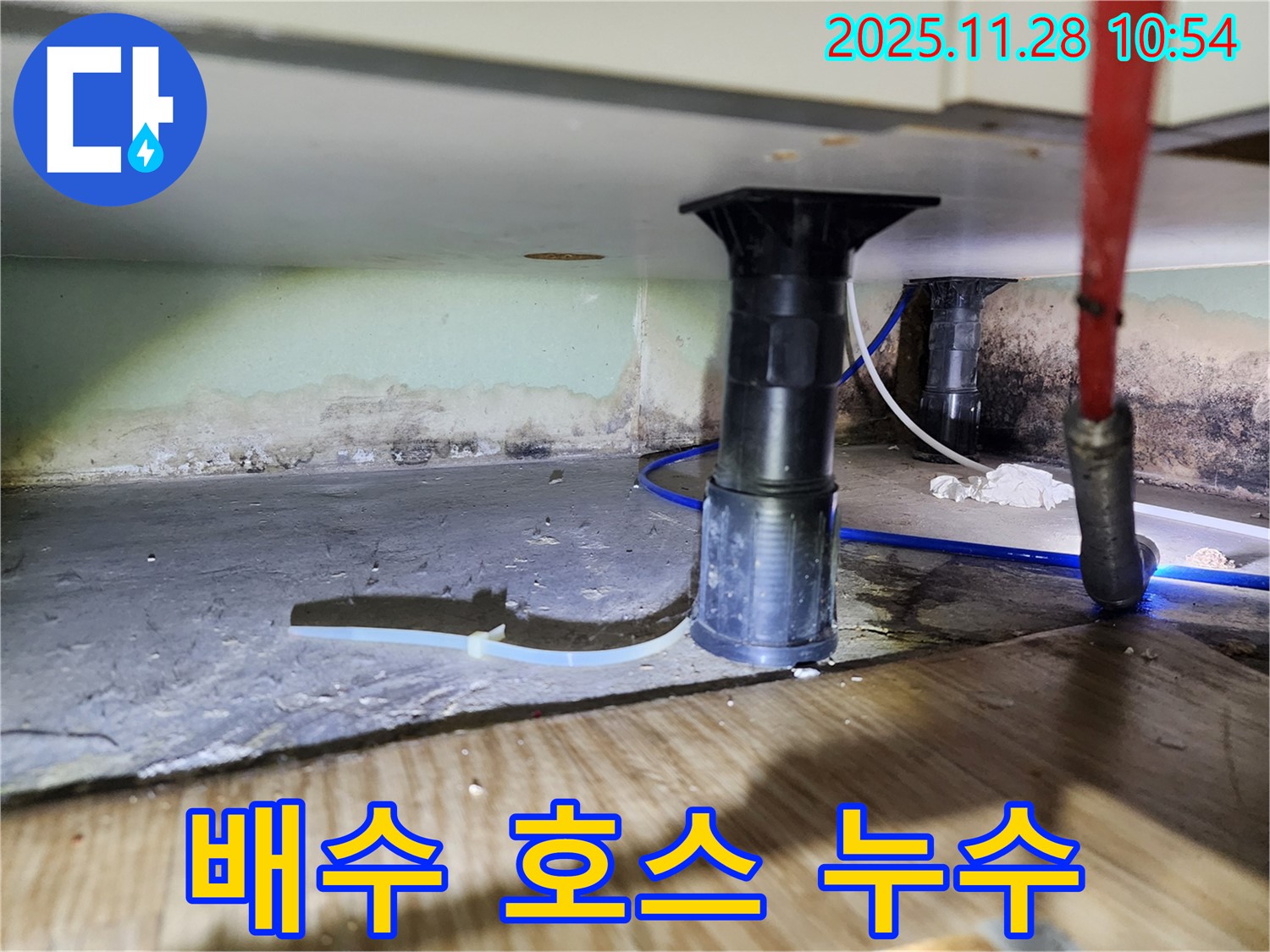 싱크대 배수 호스 연결 부위 - 누수 가능성 점검
