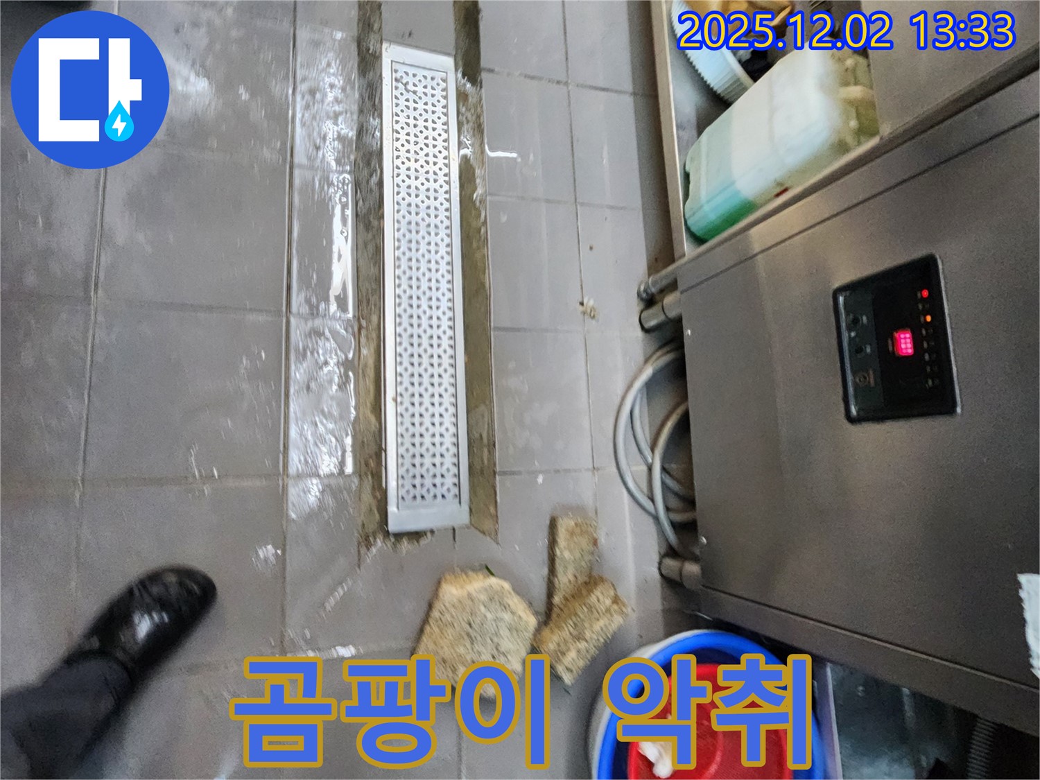 이동면 노곡리 식당 누수 - 배수 트렌치 주변 곰팡이 서식 및 악취 발생