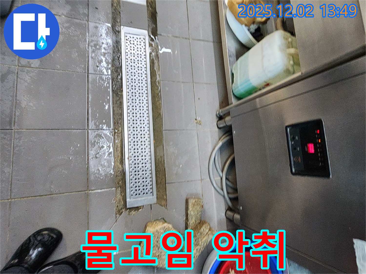 포천 이동면 식당 누수 - 배수 트렌치 주변 물고임 및 악취 확인