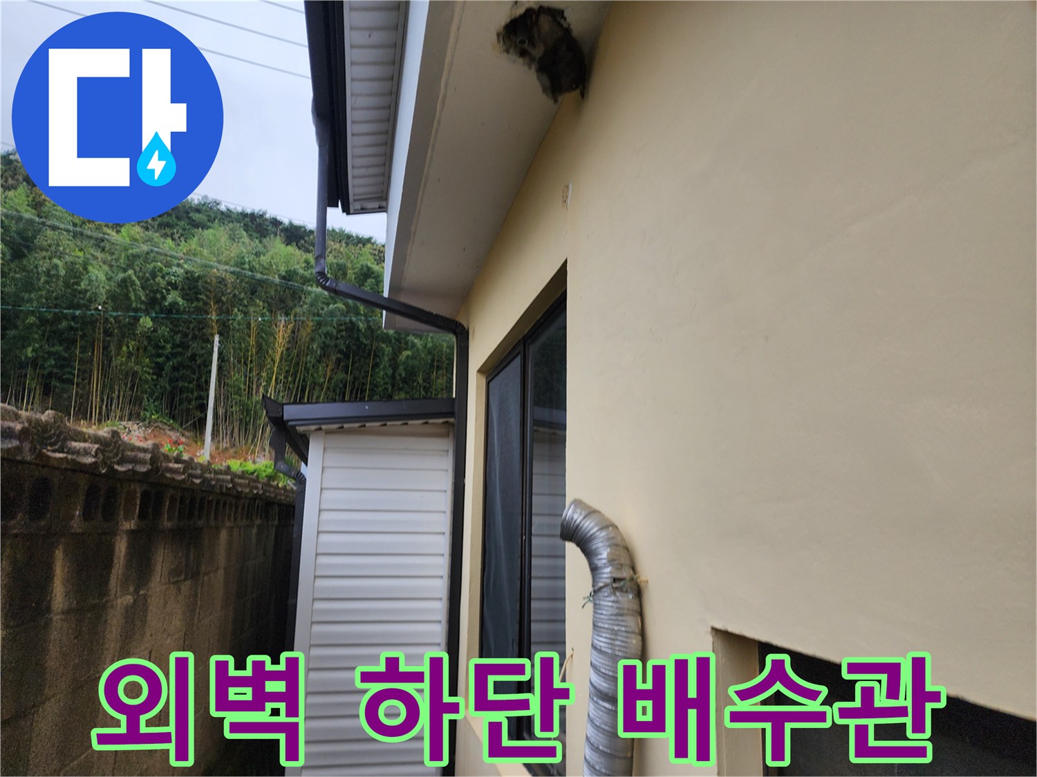 건물 외벽-아래쪽으로 연결된 금속 재질의 배수관