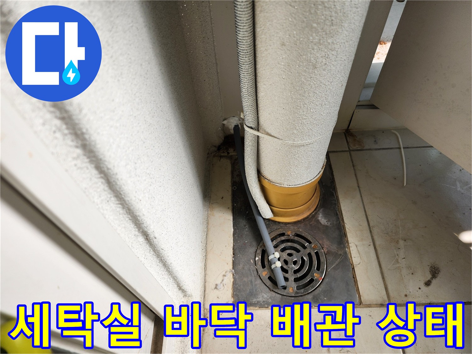 누수 의심 지점인 하수구와 수직 배관의 근접 촬영
