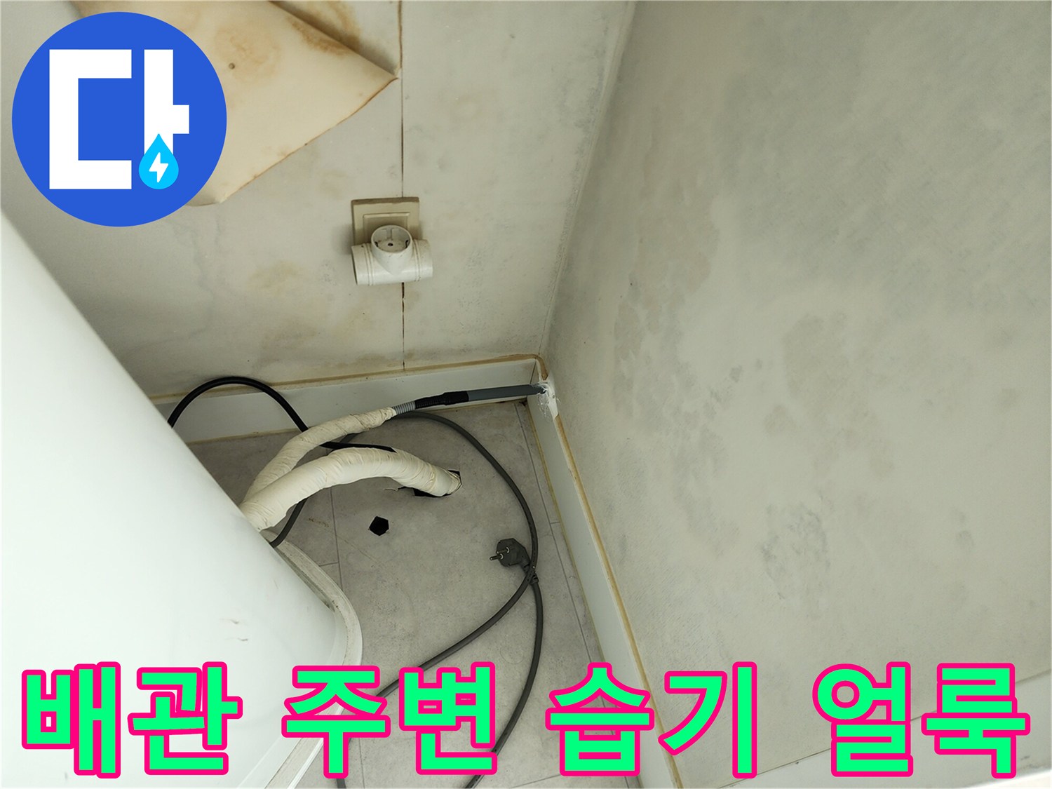 세탁실 배관 근처의 젖은 벽면과 바닥 경계부