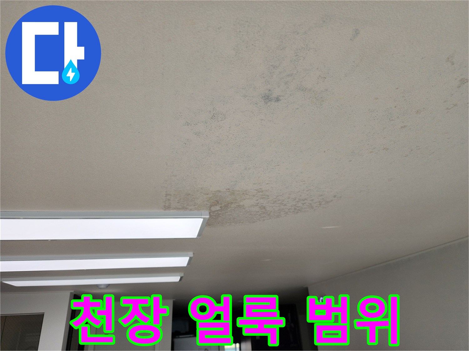 넓게 퍼진 천장 물자국과 변색된 마감재 사진